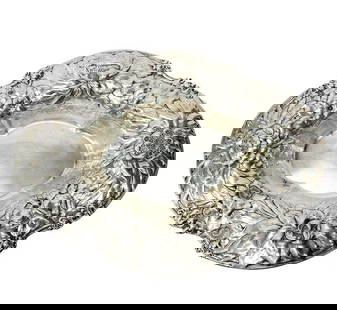 Gorham Sterling Silver Repousse Florals Dish or Bowl 1898: Gorham Sterling Silver Repousse dish or bowl, 1898. Various repousse florals to the edge. Underside with Gorham silver marks, date marks. Weight: Approx. 25.91 ozt Measurements: Approx. 15 inches x 11