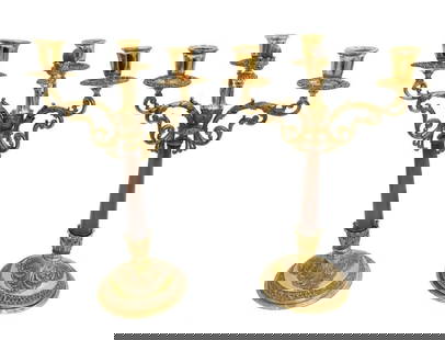 Pair Buccellati Italian Gilt Sterling Silver and Brown Agate 3 Arm Candelabras: Pair Buccellati Italian Gilt Sterling Silver and Brown Agate 3 Arm Candelabras, circa 1970. Carved and polished agate columns and finials with gilt solid sterling silver bases and arms. Buccellati Ita