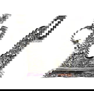 German 800 Silver Openwork Smoking Set - Repousse Figurals, Early 20th Century: German 800 silver openwork smoking set from the early 20th century. Open work hand chased florals and a pair of figurals playing instruments. The smoking set includes a snuffer, cigarette case, and