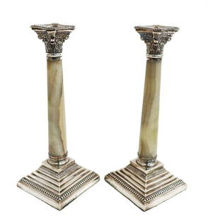 Pair Thomas Woolley Birmingham Sterling Silver and White Agate Candlesticks 1905: Pair Thomas Woolley Birmingham sterling silver and white agate candlesticks 1905. Beaded silver base loaded bases with white agate columns. Thomas Wooley hallmarks to edge. Weight: Approx. 84.10 ozt w