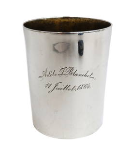 Francois Sasseville Quebec Silver and Gilt Beaker: Fine Silver Tumbler Cup by Canadian Silversmith Francois Sasseville of Quebec. Inscribed "Adele J. Blanchet 11 Juillet 1864" to central area. Thick walled with gilt interior. Marked "FS Quebec" to