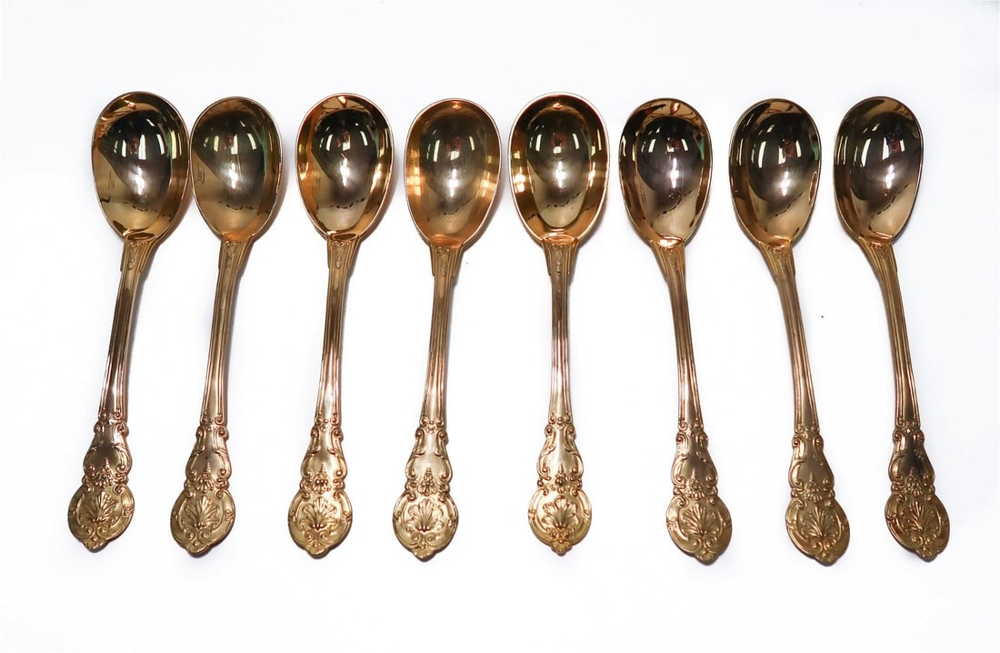 8 Christofle France Gilt Serving Spoons: 8 Christofle France Gilt Serving Spoons. Etched shells to the finials. Marked "Christofle" to the underside. Weight Approx., 2 lbs 8.75 inches length Domestic Shipping: $45