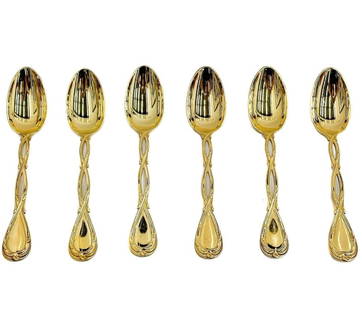 6 Emile Puiforcat Vermeil Gilt Sterling Silver 8 inch Tablespoons in Royal: 6 Emile Puiforcat Vermeil Gilt Sterling Silver 8 inch Tablespoons in Royal. 7 branch tree armorial with crown engraved to the back of the handle. Emile Puiforcat hallmark with Minerva fineness mark to