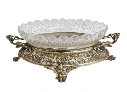 German 800 Silver and Cut Glass Footed Oval Centerpiece Bowl circa 1900: German 800 silver and cut glass footed oval centerpiece bowl, circa 1900, Etched openwork leaves to the silver base. Cut glass scallop loved glass insert. German 800 silver marks to edge with city mar