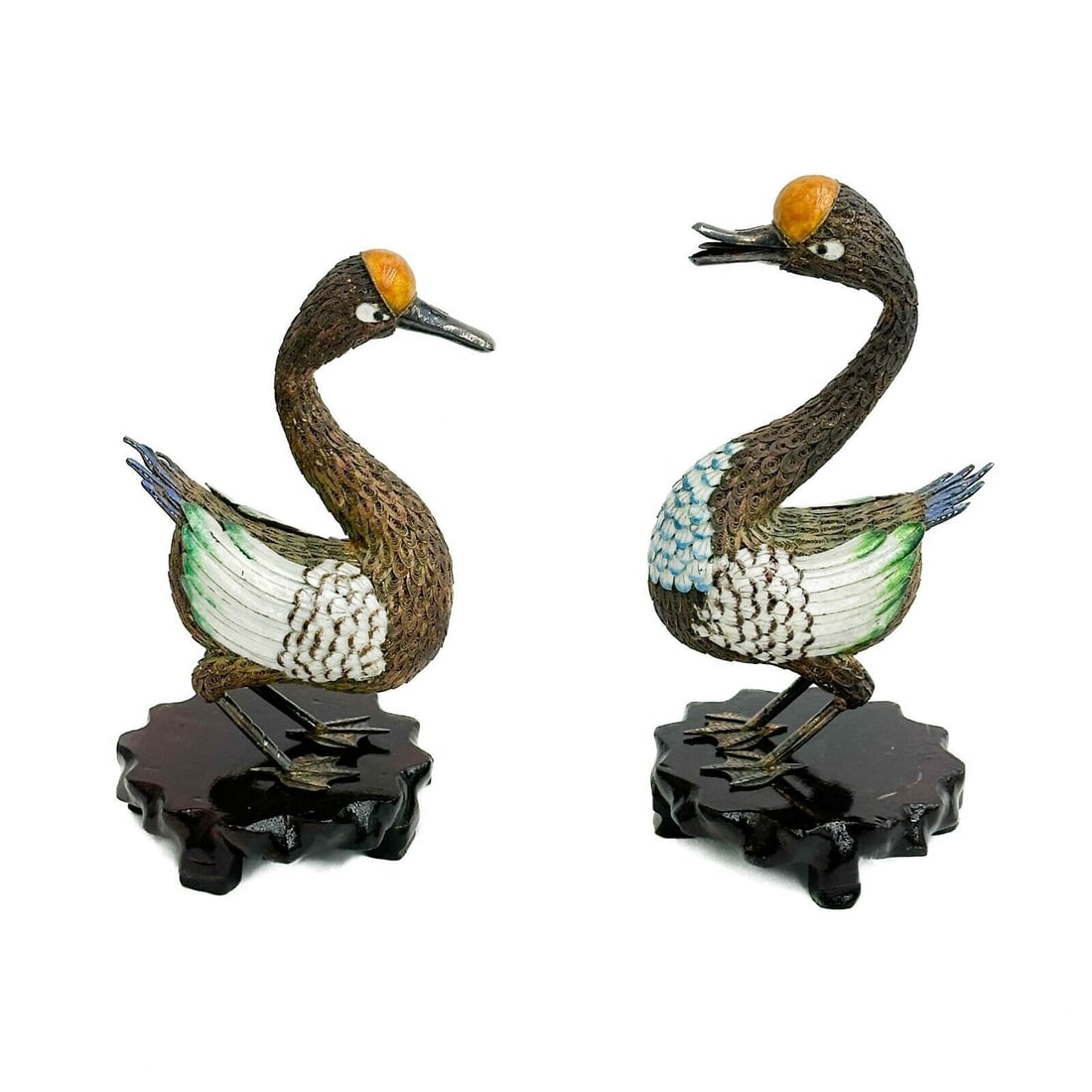 Pair Chinese Gilt Silver Filigree & Enamel Geese Birds Figurines circa 1950 (1 of 9)