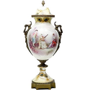 Sevres France Hand Painted Porcelain Bronze Mounted Large Covered Urn: Sevres France hand painted porcelain bronze mounted large covered urn, 4th quarter 19th century. Hand painted image to one side featuring 3 figures, one playing music while the others listen. Artist