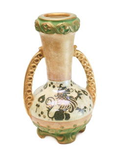 Amphora Austria Porcelain Hand Painted Lion Double Handled Urn: Amphora hand painted porcelain double handled urn. Beautiful hand painted metallic rampant lions decorations to the body with gilt handles. Weight Approx., 1 lb Measures Approx., 5 inches x 4.5 inches