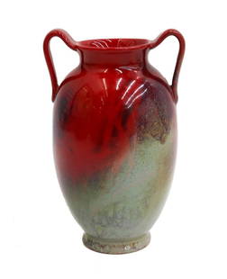 Royal Doulton England Porcelain Noke Sung Ware Flambe Vase Fred Moore circa 1920: Royal Doulton England Porcelain Sung Ware Flambe vase, circa 1920. Vibrant red with cobalt blue and green hues to ground. Royal Doulton mark to underside with artist initials "FM" for Fred Moore.