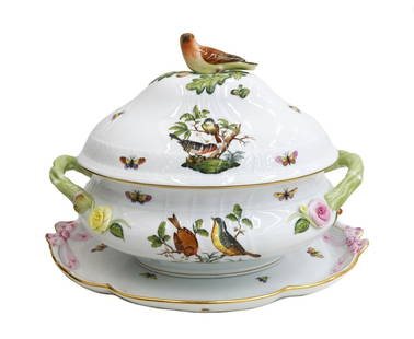 Herend Hungary Rothschilds Hand Painted Porcelain Lidded Tureen and Underplate: Herend Hungary Rothschilds hand painted porcelain lidded tureen and underplate.Hand painted birds and insects with a basketweave rim texture. Figural bird to finial of lid. Herend Hungary mark to