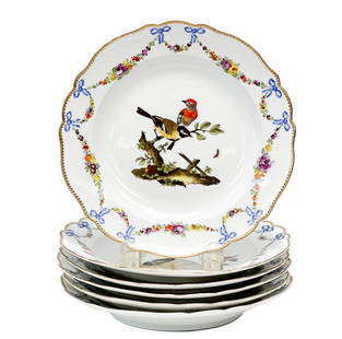 6 Meissen Germany Marcolini Ornithological Hand Painted Porcelain Plates c. 1800: 6 Meissen Marcolini Germany hand painted porcelain ornithological plates. Scalloped rimmed with hand painted birds, butterflies, insects, and floral garlands throughout. Meissen Marcolini mark to the