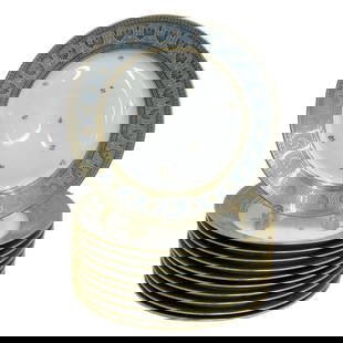 11 Manufacture de Sevres Porcelain Blue Agate Dinner Plates 1998: 11 Manufacture de Sevres Porcelain Blue Agate Dinner Plates. A blue ground to the edge, gilt palmettes and floral accents. Underside marked Manufacture Nationale Dore a Sevres BF, various incised mark