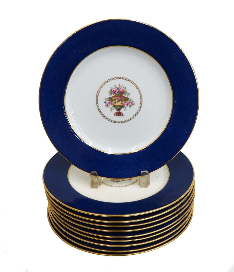 10 Copeland Spode England Porcelain Cobalt Blue Gilt Rimmed Dinner Plates c1900 (1 of 8)