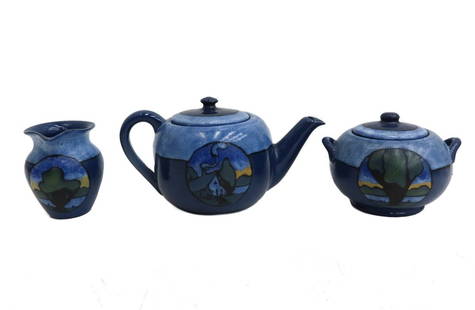 Paul Revere Pottery Saturday Evening Girls Landscape Tea Set by Lili Shapiro: Paul Revere Pottery Saturday Evening Girls Landscape Medallion tea set Lili Shapiro. A blue ground with landscape scenes to the center. Underside with Impressed stamp mark for Paul Revere Pottery, ink