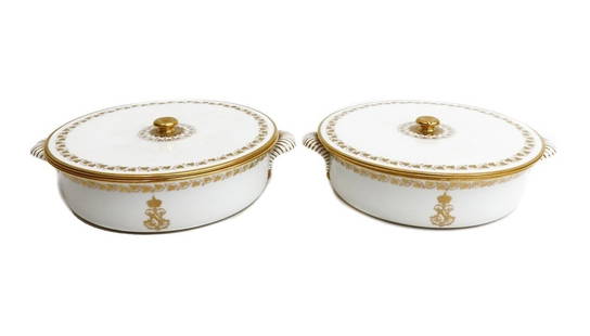 Pair Manufacture de Sevres Cylindrical Lidded Tureens, Service of Napoleon III: Pair Manufacture de Sevres porcelain cylindrical dessert tureens & covers (presses à entremets et leurs couvercle), Service of Napoleon III (Service Chiffre Dore de L'Empereur Napoleon III). Gold ivy