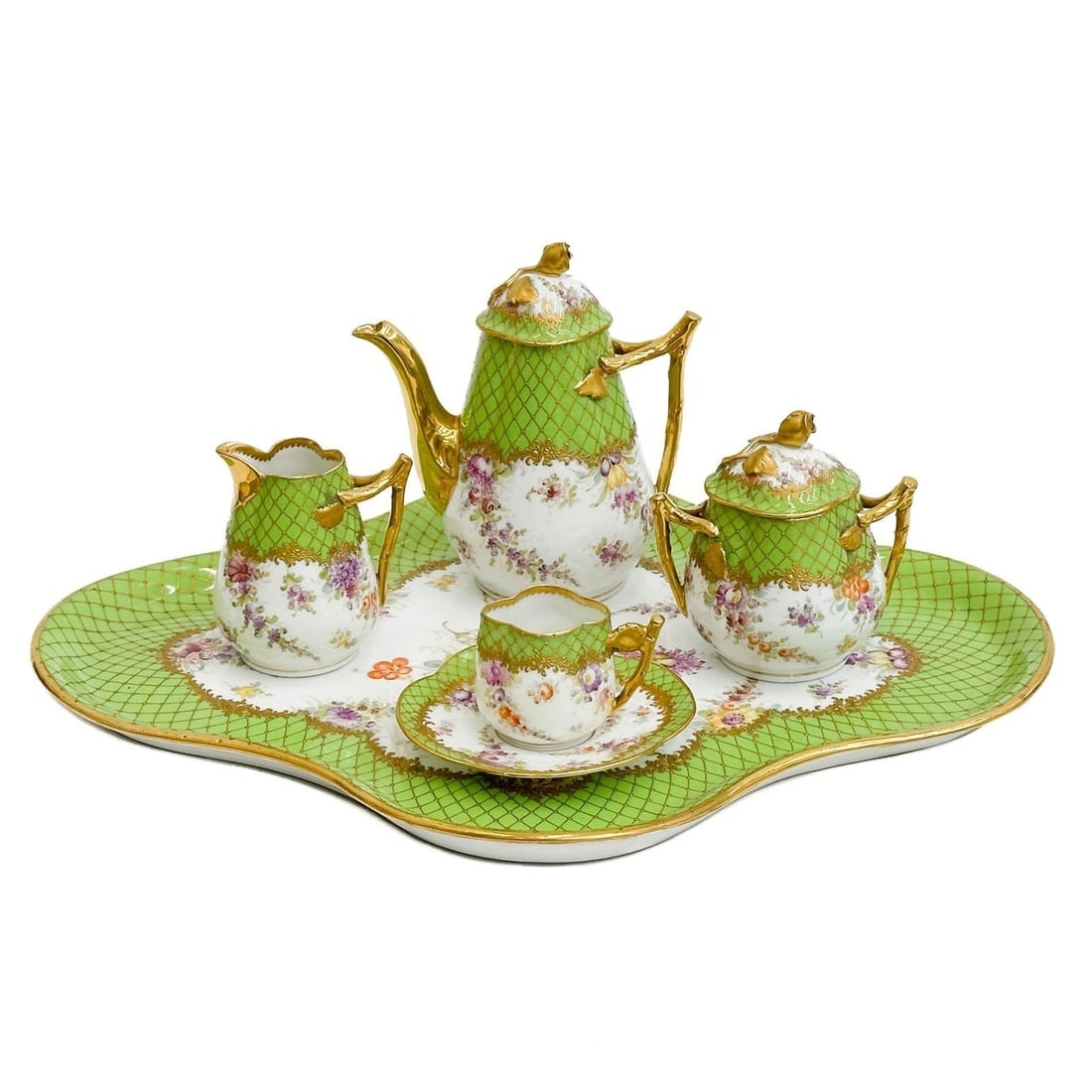 5pc Dresden Germany Porcelain Solitaire Tea Service Ambrosius Lamm Green c1890 (1 of 9)