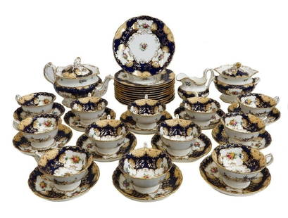 Minton England for Tiffany & Co Porcelain Dessert and Tea Service for 12 1939: Minton England for Tiffany & Co. porcelain dessert and tea service for 12, 1939. Cobalt blue ground with gilt accents. Hand painted floral bouquets to center and rim. Minton England Tiffany marks to u