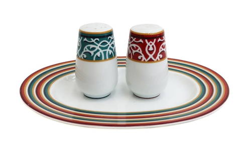 Hermes Paris Porcelain Salt and Pepper Shakers with Underplate in Attelage: Hermes Paris porcelain salt and pepper shakers with underplate in Attelage. Red and green stripes to rim of underplate with white swirls to top of shakers. Hermes mark to underside. Weight: Approx. 1