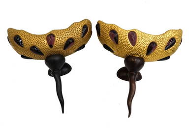 Pair Andre Dubreuil Daum France Patinated Bronze and Glass Lacrima Wall Sconces