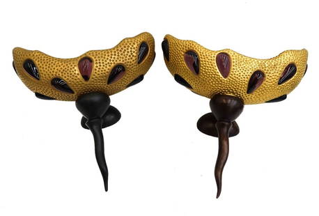 Pair Andre Dubreuil Daum France Patinated Bronze and Glass Lacrima Wall Sconces: Pair Andre Dubreuil for Daum France patinated bronze and glass "Lacrima" Wall Sconces, 1991. Gold bronze with blown amethyst glass teardrops to exterior. Each signed "Daum France" to interior edge and
