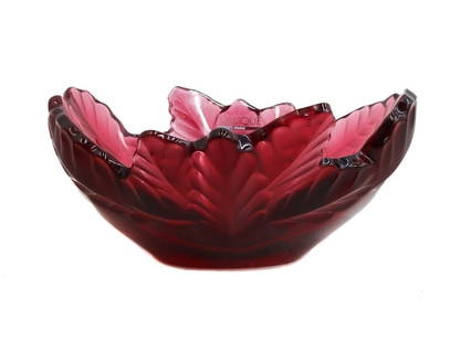 Lalique France Crystal Glass Compeigne Oak Leaf Bowl in Red Signed Box: Lalique France crystal glass Compeigne bowl in red. Molded oak leaves to exterior. Signed "Lalique France" and numbered "N202" to base. Original Lalique label to inner bowl. With original foam fitted