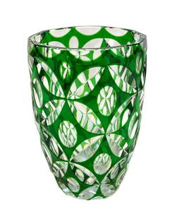 Bohemian Green Cut to Clear Vase, circa 1930: Bohemian Green Cut to Clear Vase, circa 1930. Geometric designs throughout with a sunburst underside. Weight: Approx. 3 lbs Measurements: approx. 5.5 inches diameter x 8 inches tall Domestic