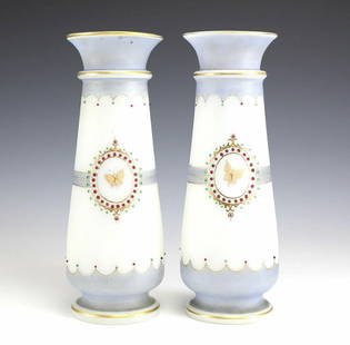 Pair Victorian Bristol Glass Jeweled Vases. Hand Painted, Raised Gilt, Butterfly: Pair of Victorian Bristol Glass Jeweled Vases. Hand painted, raised gilt and butterflies Measures Approx., 13.25 inches height Domestic Shipping: $40