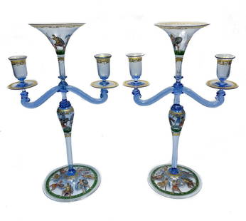 Pair Salviati Blue Art Glass 3 Arm Candelabras, 2nd quarter 20th century: Pair Salviati Blue Art Glass 3 Arm Candelabras, 2nd quarter 20th century . Periwinkle blue glass with hand painted scene of Abduction of the Sabine Women from Roman Mythology. Weight Approx., 1 lbs