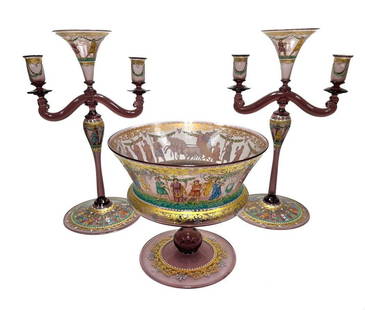 3 Salviati Purple Art Glass Garniture Set, 2nd quarter 20th century: 3 Salviati Purple Garniture Set. An amethyst ground with a hand painted scene of the Abduction of the Sabine Women from Roman Mythology. Series of numbers to underside museum collection reference to