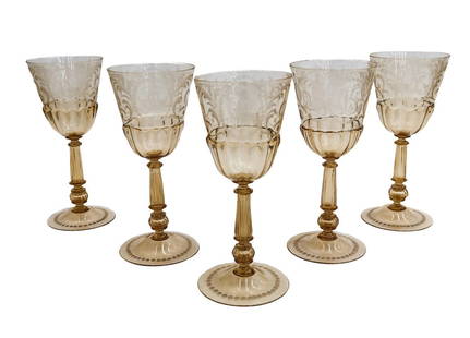 5 Venetian Amber Cut Glass Engraved Blown Wine Goblets circa 1940: 5 Venetian amber cut glass engraved blown wine goblets, circa 1940. Hand blown to 7 parts with engraved figures and monogrammed "K" to center with foliate scroll designs. Rough pontil underside.