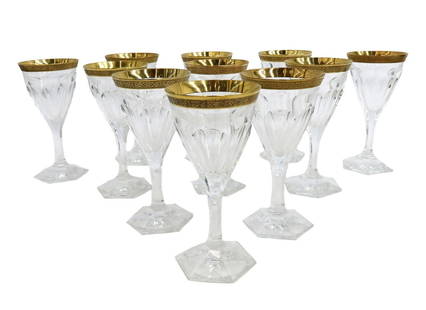 11 Moser Czech Cut Crystal Glass White Wine Goblets in Adela Melikoff Signed: 11 Moser Czech cut crystal glass white wine goblets in Adela Melikoff, signed. Cut panel with gold trim with scrolls to mouth. Acid etched Moser mark to underside. Weight: Approx. 9 lbs Measurements: