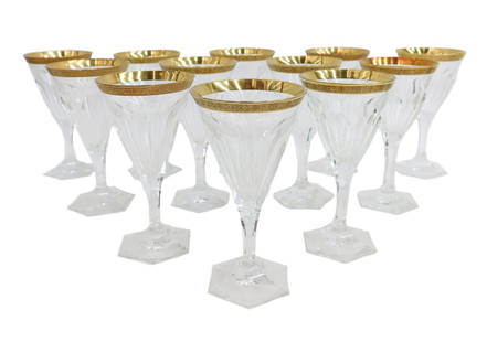 12 Moser Czech Cut Crystal Glass Red Wine Goblets in Adela Melikoff: 13 Moser Czech cut crystal glass red wine goblets in Adela Melikoff, signed. Cut panel with gold trim with scrolls to mouth. Acid etched Moser mark to underside. Weight: Approx. 8 lbs Measurements: