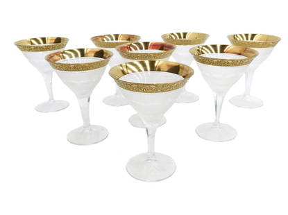 8 Moser Czech Cut Crystal Glass Martini Goblets in Gold Splendid: 8 Moser Czech blown cut crystal glass martini goblets in Gold Splendid. Gold encrusted foliate leaves to top rim. Frosted engraved crosshatched bowl with horizontal thumbprint circular bands. Acid