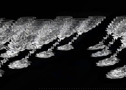10 Lalique France Crystal Glass Water Goblets in Beauharnais Leaf Vine Signed: 10 Lalique France Crystal Glass water goblets in Beauharnais, Signed. Etched leaves to band of exterior bowl and base. Each signed "Lalique France" to underside edge. Weight: Approx. 10 lbs Measuremen