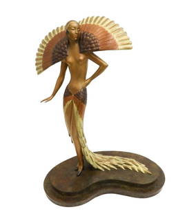 Erté Romain De Tirtoff Bronze Sculpture Ibis Ltd Ed of 300 Signed 1990: Erté (Romain De Tirtoff) (Russian/French 1892-1990) Painated and Gilt Bronze Sculpture, Ibis. The sculpture depicts an Art Deco figural partially nude beauty with a feathered skirt and large