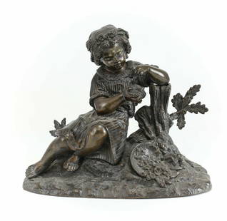 Bronze Figurative Sculpture Girl Bird Egg & Nest: Patinated bronze sculpture, girl with nest of birds of the nineteenth century unsigned. This beautiful Sculpture depicts a girl gently picking up an egg in a nest of birds with her basket of