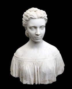 Pietro Bazzanti Italian Carved White Marble Bust of a Young Lady 19th Century: Pietro Bazzanti Italian carved white marble bust of a young lady, 19th Century. The bust depicts a young woman with braided hair and wearing an off the shoulder ruffled top. Signed Pietro Bazzanti to
