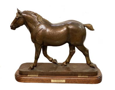 Marilyn Newmark Bronze Horse Sculpture: Large Marilyn Newmark Exhibition Bronze Sculpture, titled Herculean, Limited to an Edition of 5, dated 1994. The sculpture depicts a reallistically modeled trotting Stallion, with textured skin and