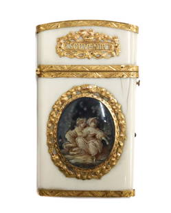 French 18k Yellow Gold Mounted Carnet de Bal Card Case Miniature Portrait 19th century: French 18k Yellow Gold Mounted Carnet de Bal Card Case Miniature Portrait, 19th century. The front of the case depicts a hand painted miniature portrait of two young girls in a garden of flowers with