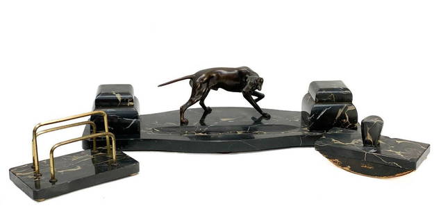 Continental Art Deco Bronze Black Portor Marble Desk Set: Continental Art Deco bronze and black portor marble desk set, circa 1925. Continental, likely German set includes a double inkwell/pen tray with patinated bronze hunting dog with glass liners in inkwe