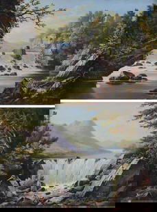 Thomas Burras from Leeds British Artist - Pair Landscapes Oil Paintings c1882: Burras, Thomas of Leeds, British. A pair of landscapes, oil paintings on canvas. Both signed and dated lower right, "T Burras 1882". Condition: Table 1, Large State Overall, A 1/4 "Chip Left In Water