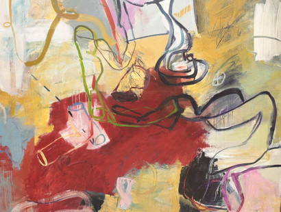 Richard Knight (British 20th C.) Oil on Canvas White Cross Gold Wheel, 1993: Richard Knight (British 20th Century) Abstract Oil on Canvas "White Cross Gold Wheel", 1993. Signed R. Knight to the verso. Framed in a modernist wood frame. The hooks are mounted to the frame for the