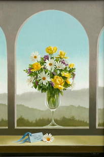 Gerald Stinski Oil Painting on Board Framed Still Life Flowers at Window Signed: Gerald Stinski (b. 1929) Oil Painting on Board Framed. Depicts a still life of a vase of flowers with a note against a landscape. Artist signed to the lower edge. Mounted in a silvered wood frame with