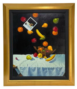 Michael Bridges (American 20th Century) Oil on Canvas Falling Fruit, Signed 1989: Michael Bridges (American 20th Century) oil on canvas "Falling Fruit", Signed 1989. The surrealist still life painting depicts various fruits falling into a broken bowl with a Polaroid photo depicting