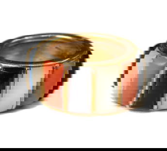 Cartier Paris 18k Yellow Gold Onyx Coral Mother of Pearl Band Ring Size 4 c1970: Cartier Paris 18k yellow gold Onyx, Coral, and Mother of Pearl band ring, Size 4, circa 1970. Rectangular cabochon cut onyx, coral, and mother of pearl in an alternating pattern. Gold band marked Cart