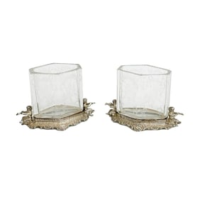 Pair German Sterling Silver Mounted Etched Glass Bud Vases circa 1900