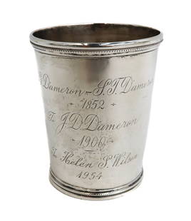 E. Jaccard & Co. St Louis Coin Silver Mint Julep Cup, circa 1900: E. Jaccard & Co. St Louis Coin Silver Mint Julep Cup, circa 1900. Beaded design to base and top rim. 3 Engraved names and dates to center including: G.G. Dameron- J.T. Dameron 1852 to J.D. Dameron 190