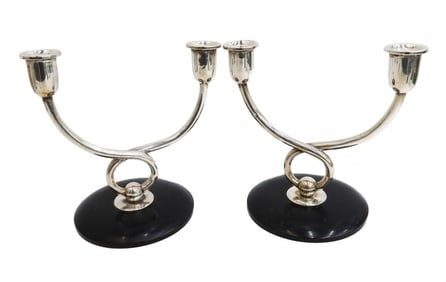 Pair Finnish Art Deco Silver Two Arm Candelabras Mounted on Wood Base 1931