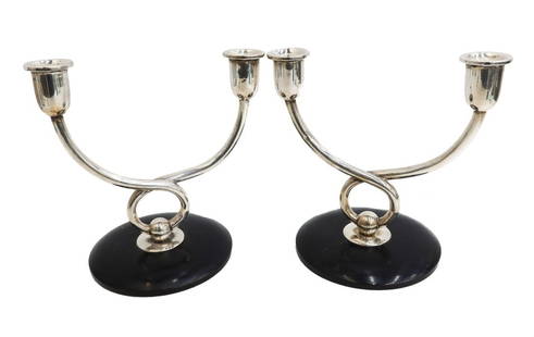 Pair Finnish Art Deco Silver Two Arm Candelabras Mounted on Wood Base 1931: Pair Finnish Art Deco silver two arm candelabras, 1931. Twisted silver arms mounted to round ebonized wood bases. The bases of the silver with Finnish silver hallmarks dated to 1931 and maker initials