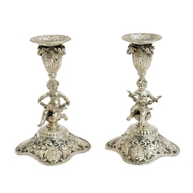 Pair German 800 Silver Figural Putti Candlestick Holders circa 1900
