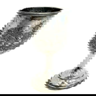 American Coin Silver Repousse Landscape Goblet circa 1850: American Coin Silver Repousse Goblet, circa 1850. Repousse landscape with houses to the sides. Beaded accents to the top and bottom edges. Apparently unmarked Weight: Approx. 7.3 ozt Measurements: App